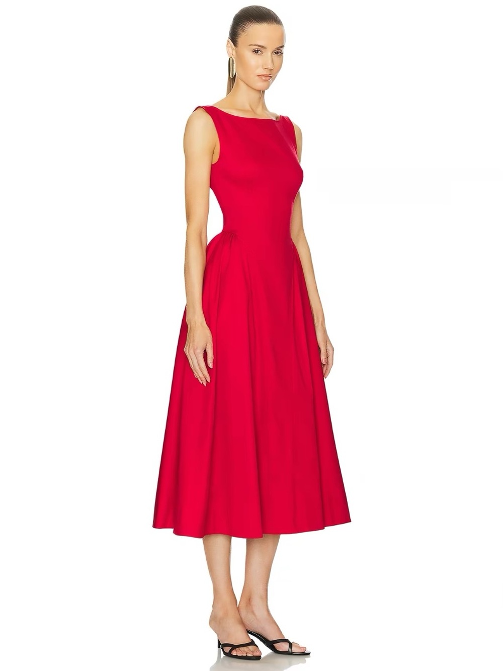 Red Sleeveless Midi Dress with Flared Skirt